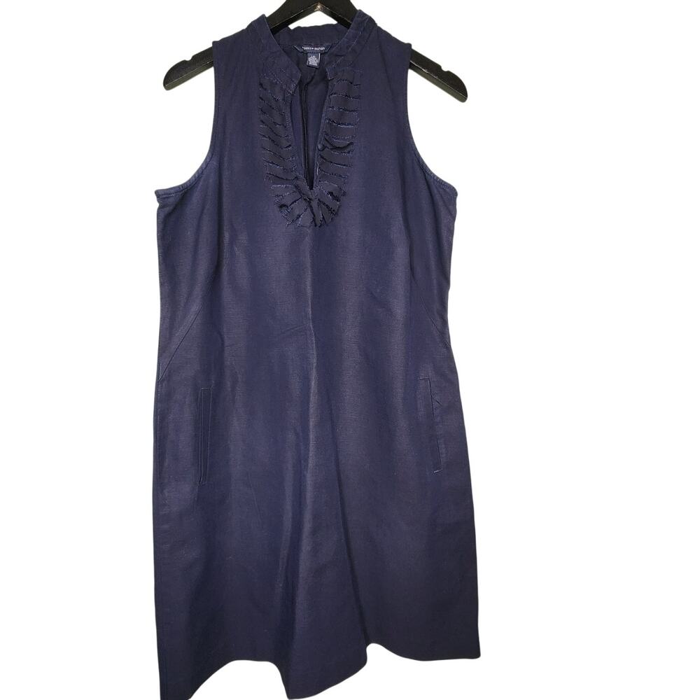 Tommy Hilfiger Sleeveless Blue Shift Dress Navy Blue Split‎ V-Neck Ruffle L